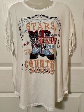NWT JOEI & I White Stars Stripes & Country Nights' Graphic Fringe Sleeve Tee 1X